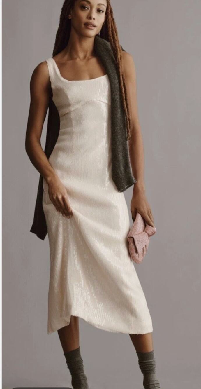 Anthropologie Pilcro Sequin Midi Dress In Ivory Sz Medium New Bombshell Brodal